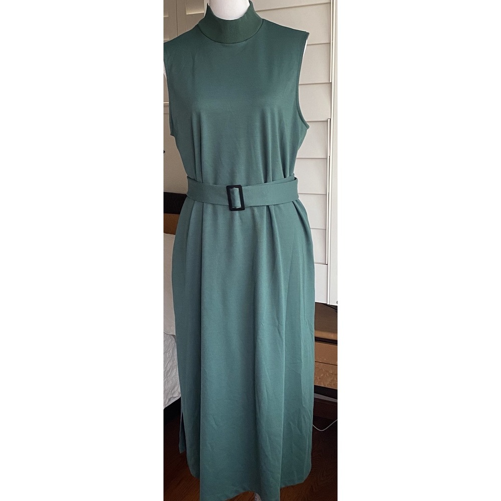 Prologue Dress Women XXL Green Excellent Sleeveless Mock Neck Belted Midi Pocket